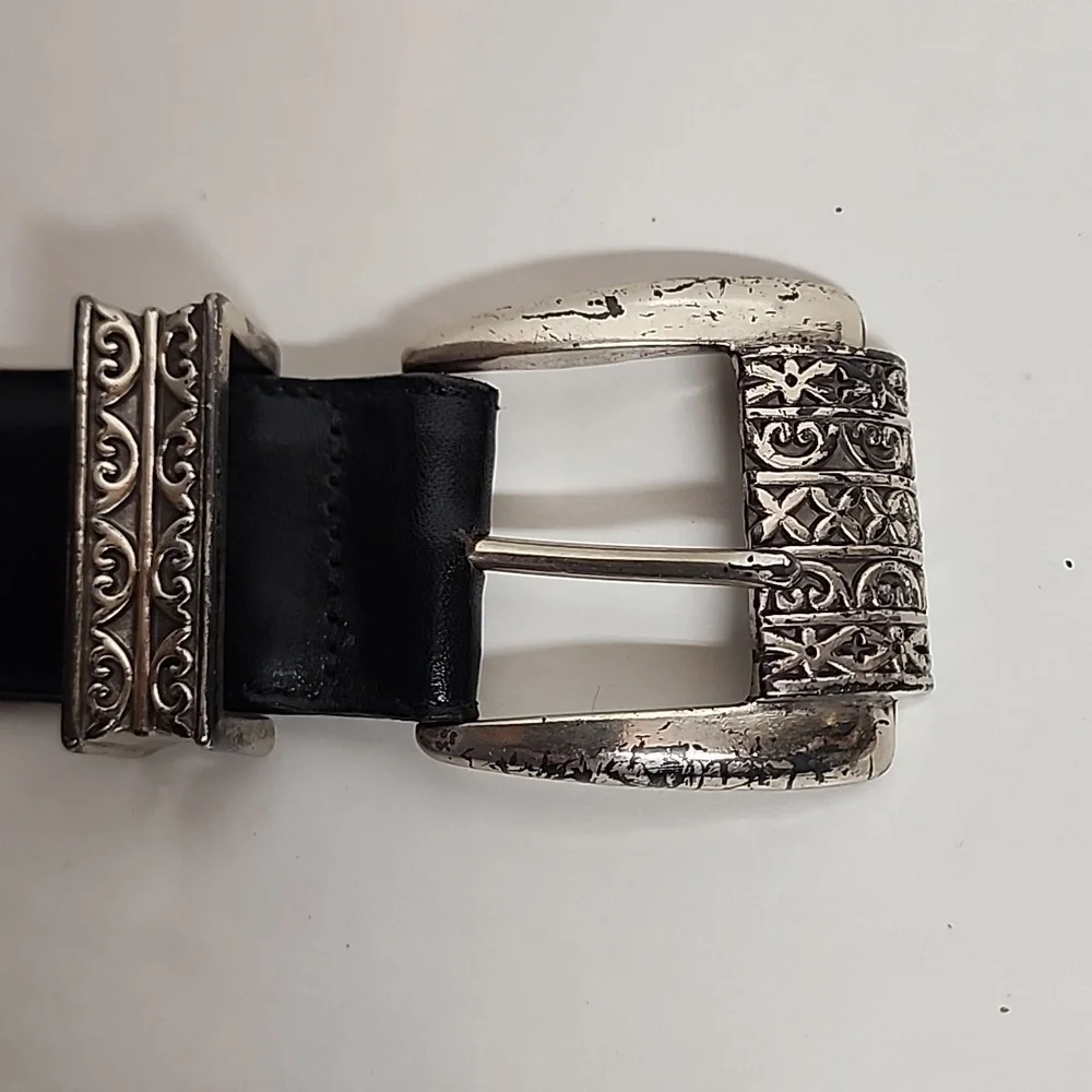 Brighton Museum Collection Black & Silver Unisex Sz L Leather Belt